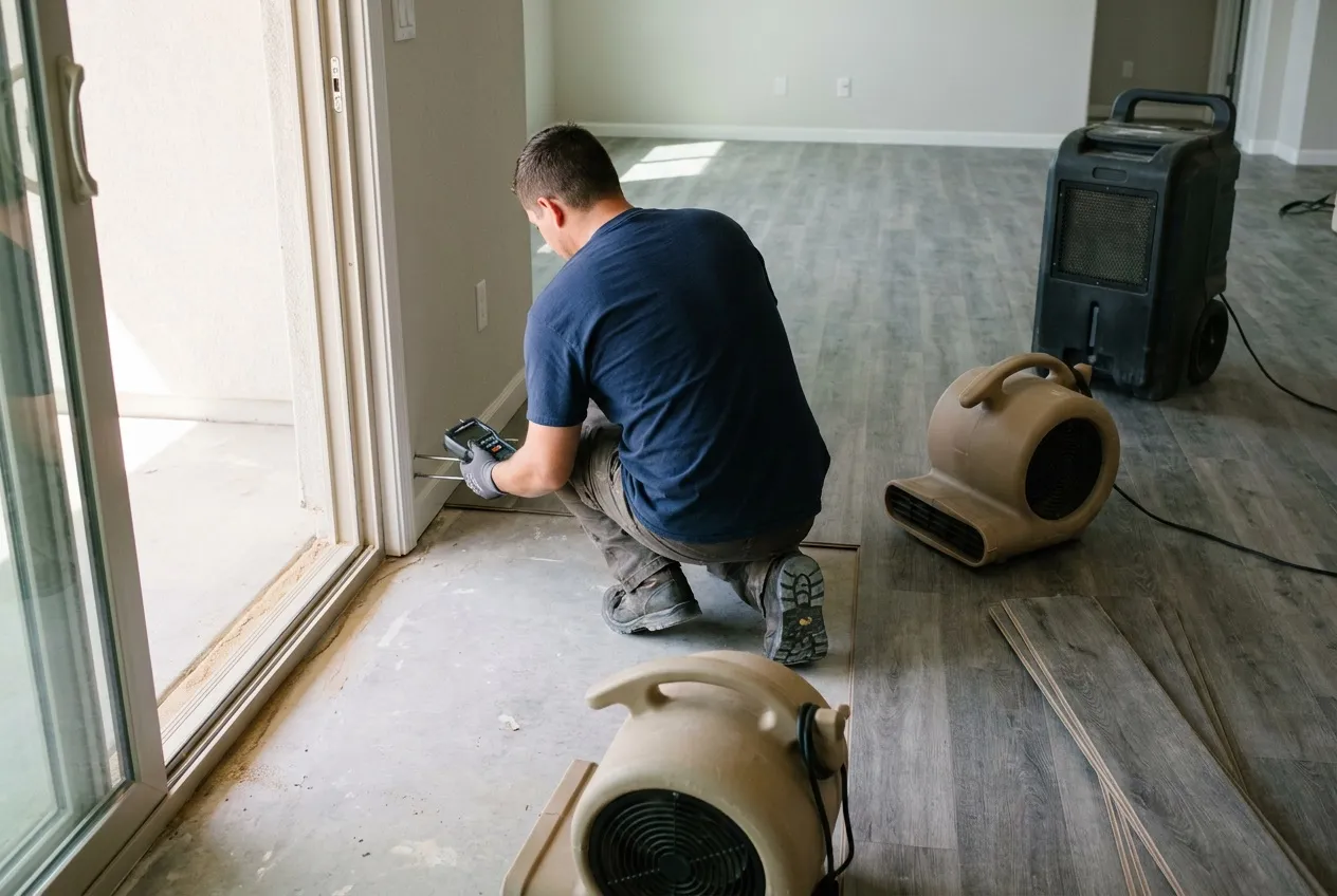 A technician checks the wall base beside a patio door with a pin moisture meter after storm water reached the floor of a Buckeye home.