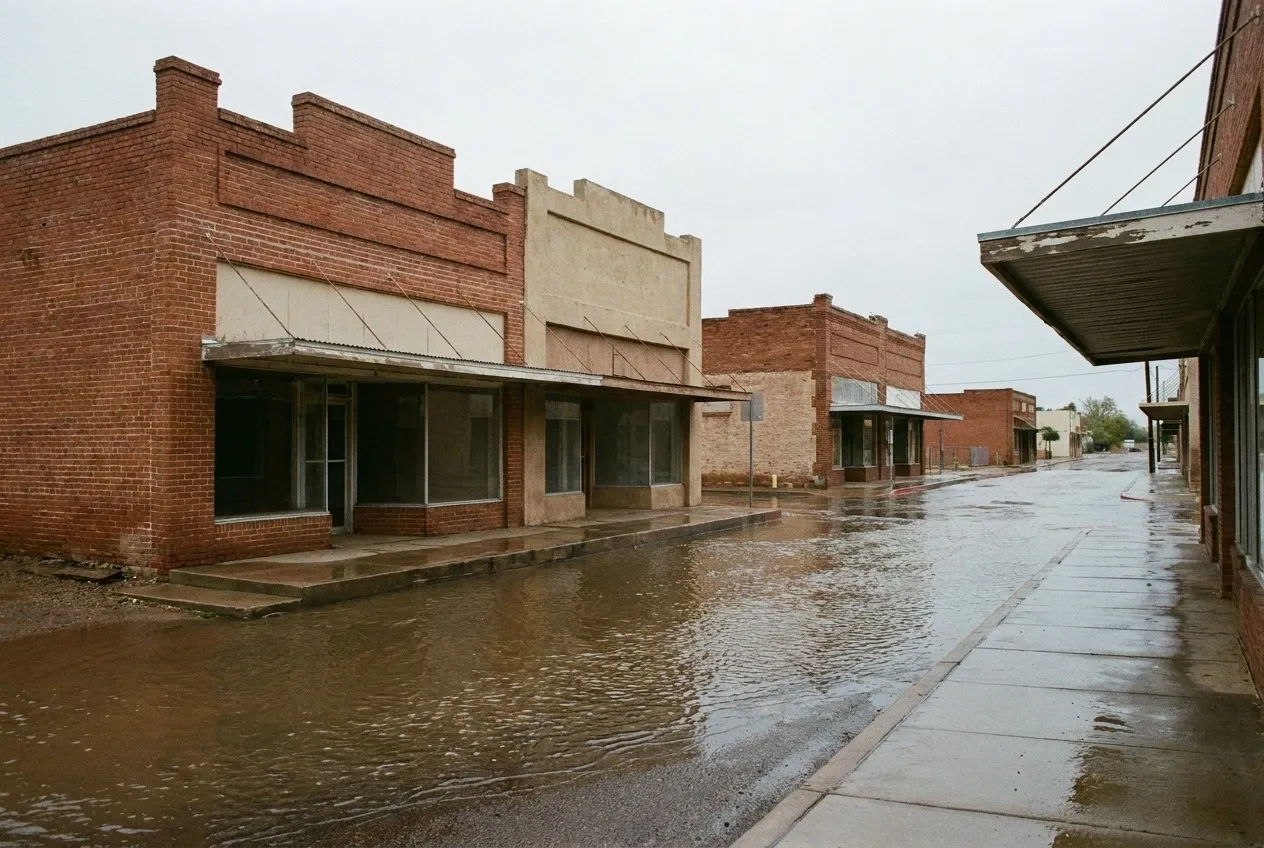 Shallow storm water stands along a street lined with older one-story storefronts in Buckeye's historic downtown after a heavy rain.