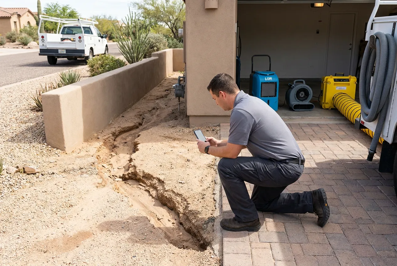 A technician photographs a fresh erosion channel beside a Cave Creek garage after wash runoff crossed the lot.
