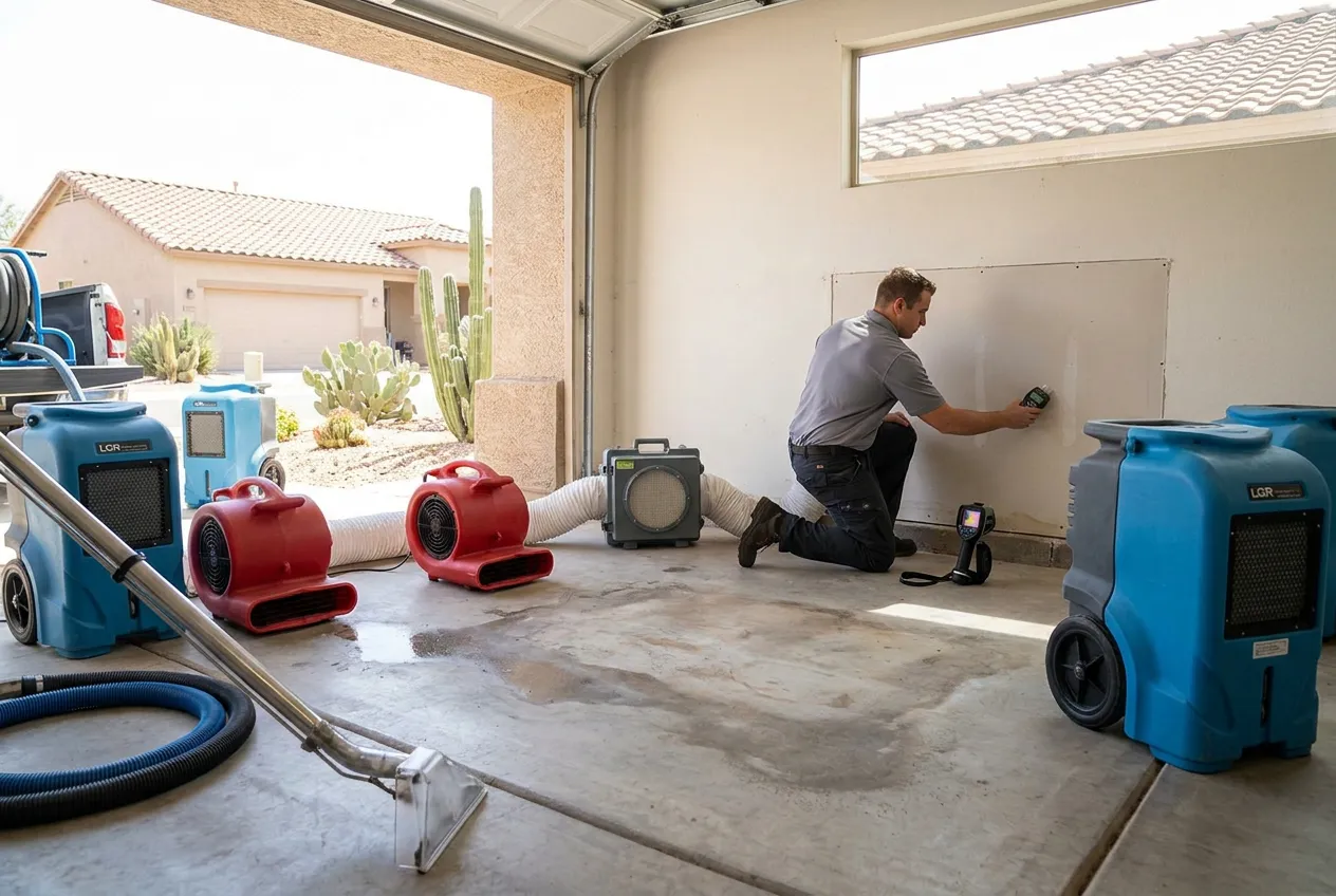 A technician maps moisture on the house side of a shared wall after stormwater entered a Chandler garage.