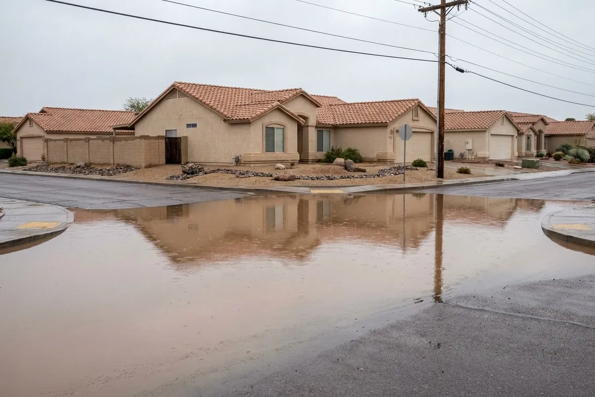 Storm runoff pools across a quiet residential intersection in El Mirage after a heavy rain.
