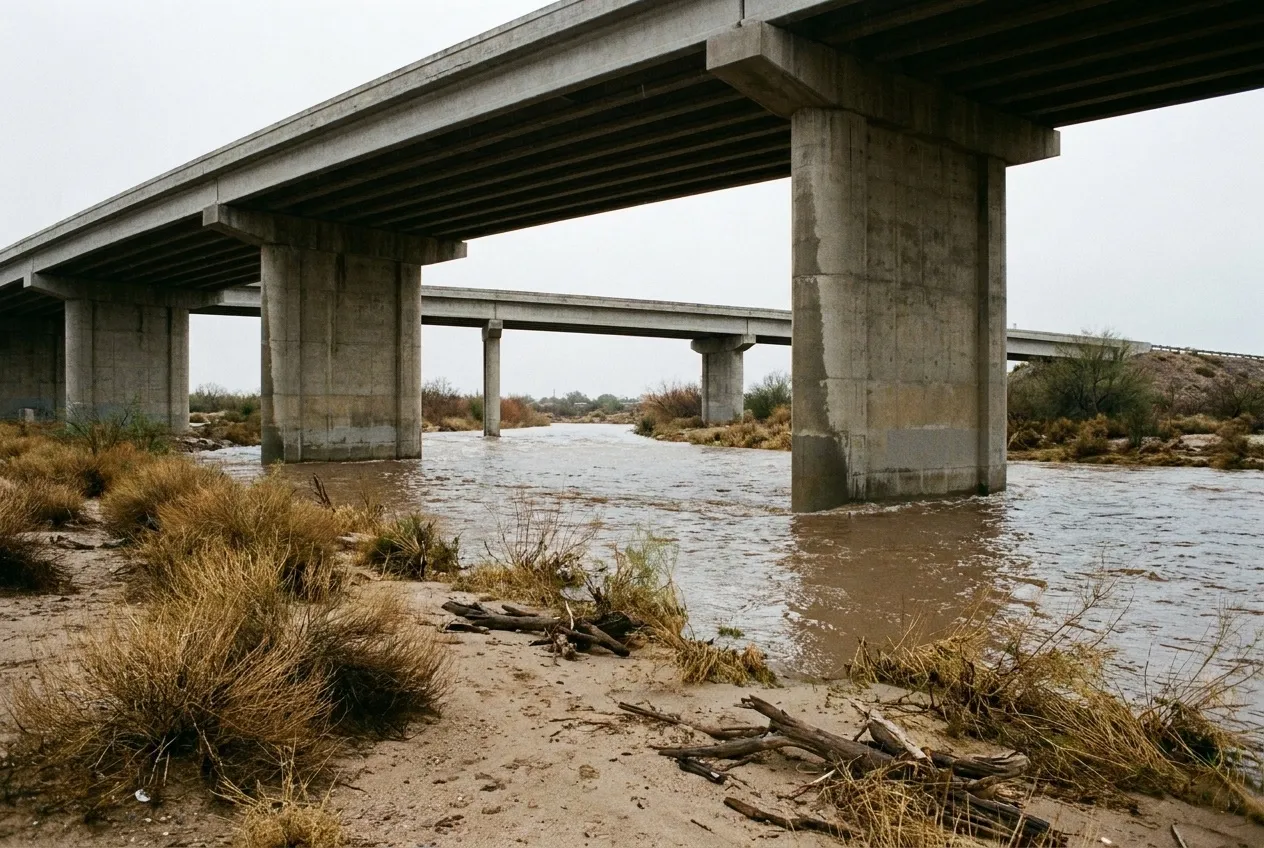 Brown storm flow runs between the concrete piers of the Grand Avenue bridge over the Agua Fria River at El Mirage.