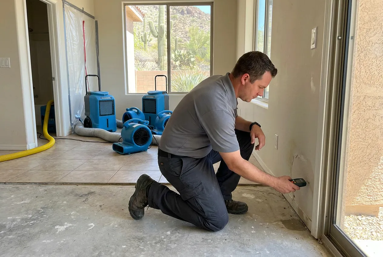 A technician maps moisture in a lower Fountain Hills room after runoff entered from an uphill garage.