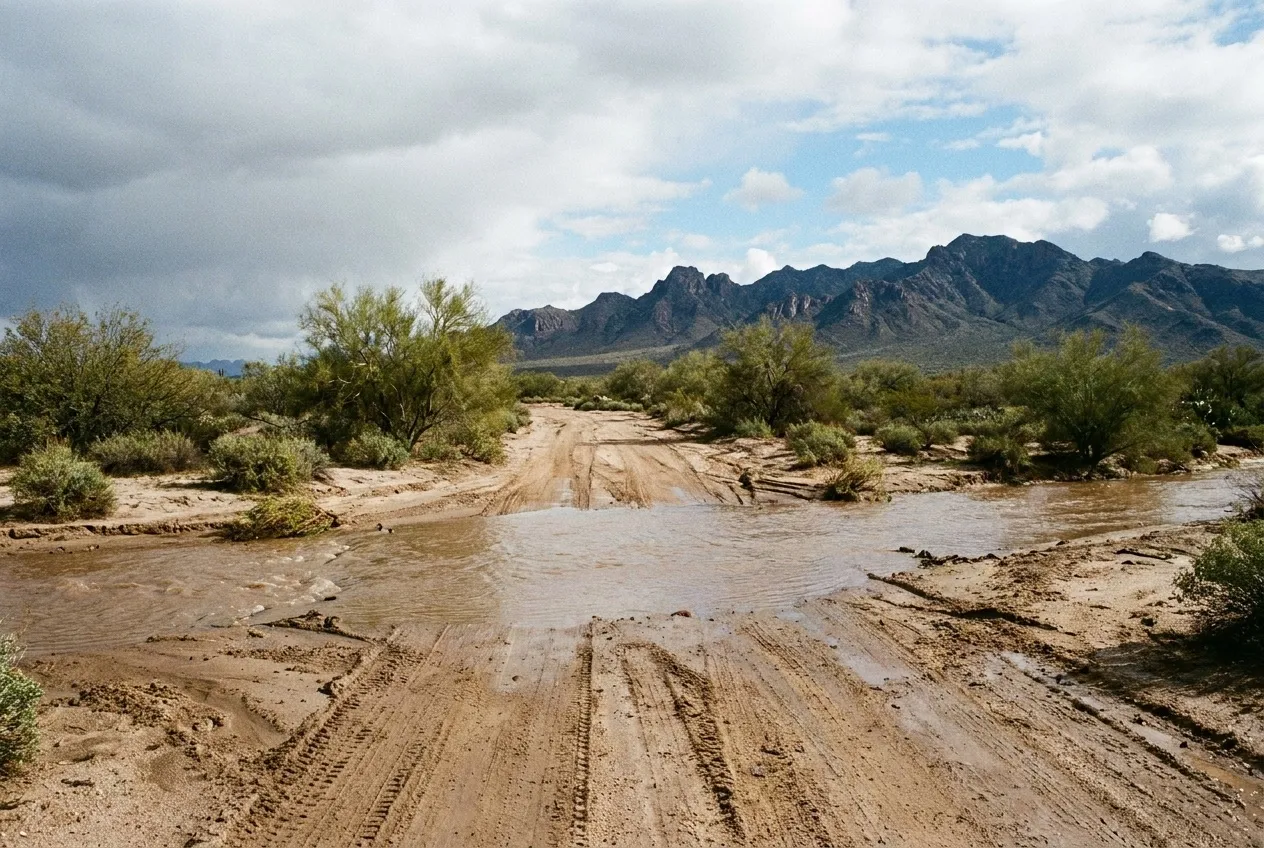 Shallow brown runoff spreads across an unbridged dirt road crossing of Waterman Wash in Goodyear's Rainbow Valley.