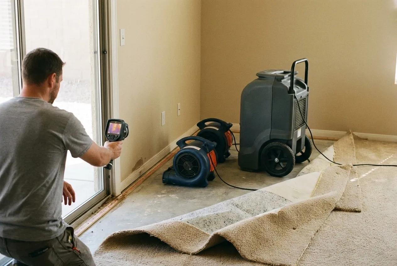 A technician scans the lower wall of a Goodyear family room with a thermal camera after storm runoff came in under the patio door.