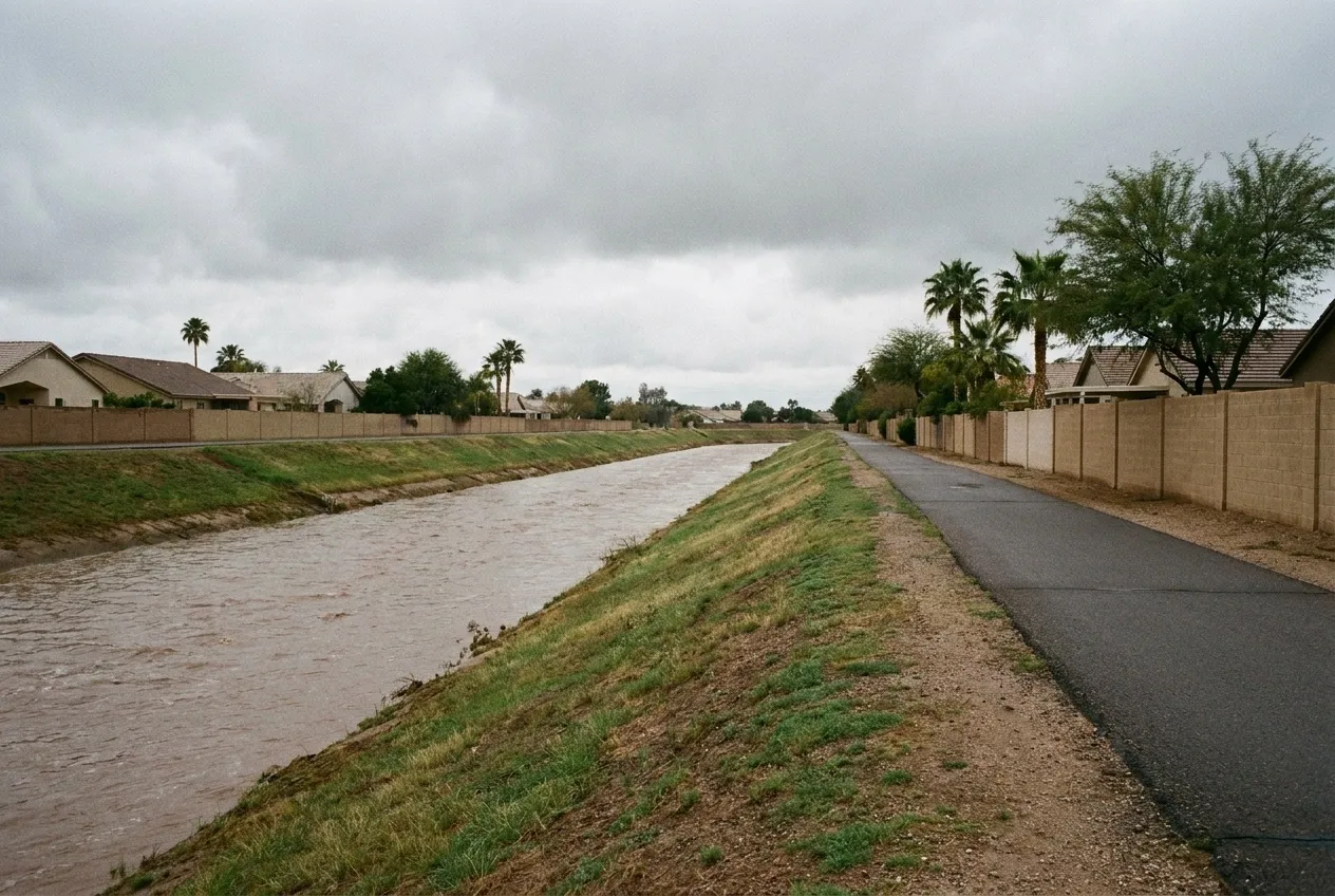 Brown storm water runs down the turf-lined Bullard Wash channel in Goodyear after a heavy rain.