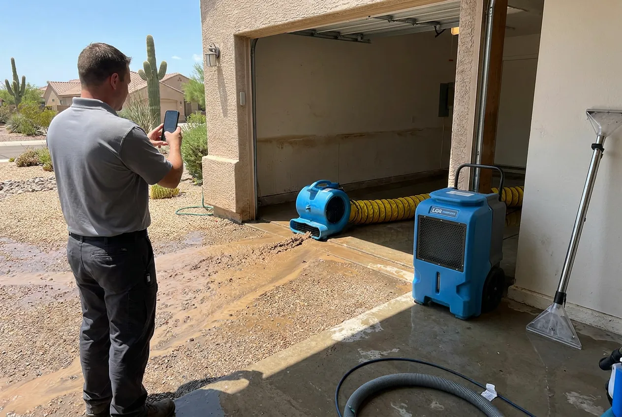 A technician photographs a silt fan that runs from a Mesa driveway into a flooded garage after a monsoon storm.