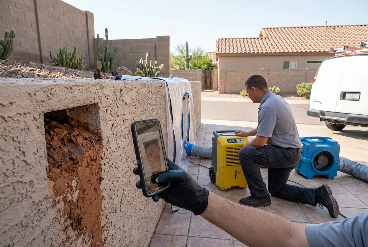 A technician photographs sediment caught at a Paradise Valley wall scupper after mountain runoff crossed the property.