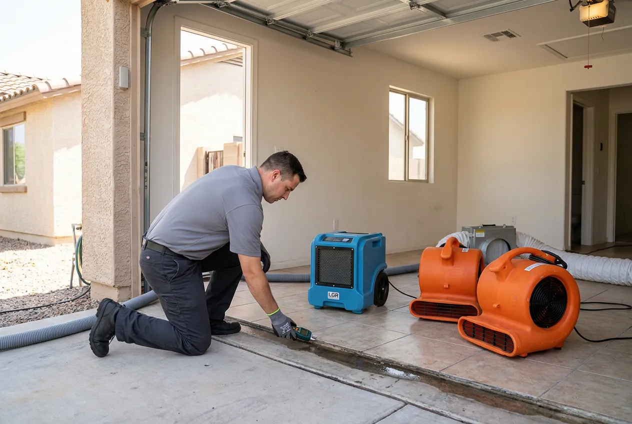 A technician traces a muddy water line from a Peoria garage threshold toward the hallway after runoff entered the home.