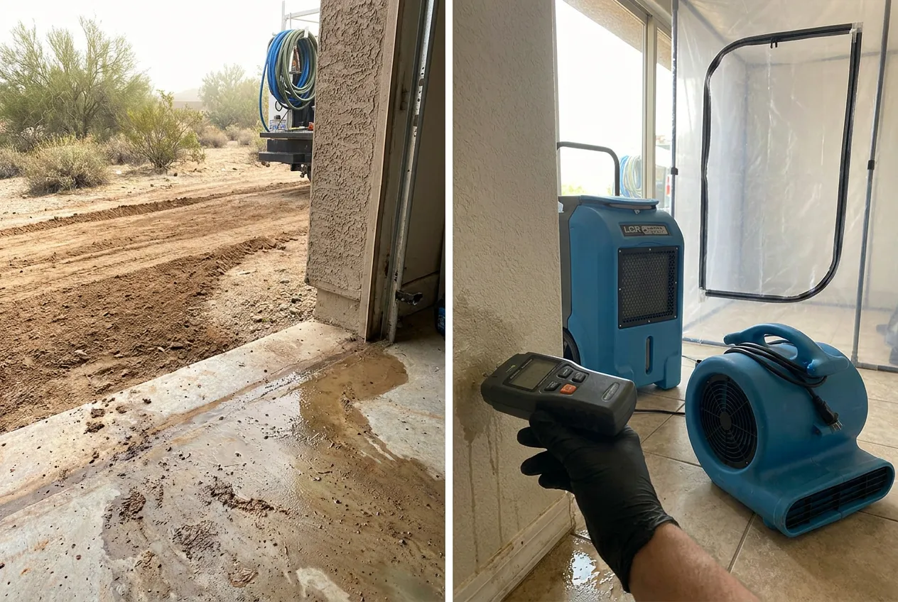 A technician photographs a muddy Queen Creek garage threshold after monsoon runoff crossed a recently graded area.