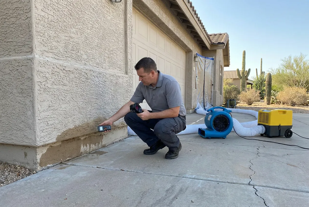 A technician photographs a fresh sediment line beside a north Scottsdale garage after foothill runoff entered the lot.