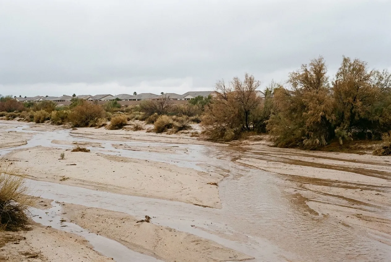 Shallow brown storm water braids across the wide sandy bed of the Agua Fria River along Sun City's western edge.