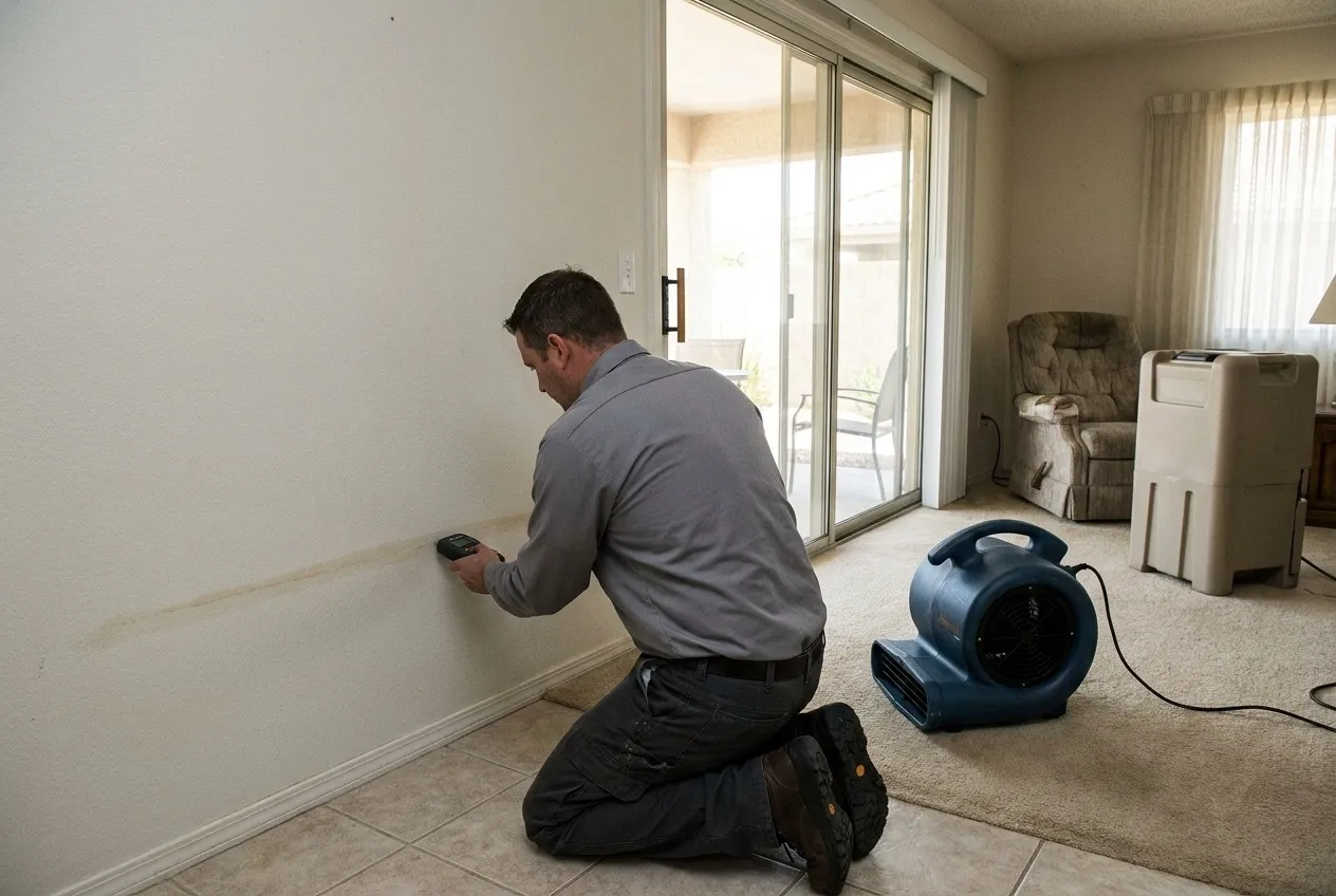 A technician checks the bottom of a living-room wall with a pin moisture meter after storm water came through a patio door in a Sun City home.