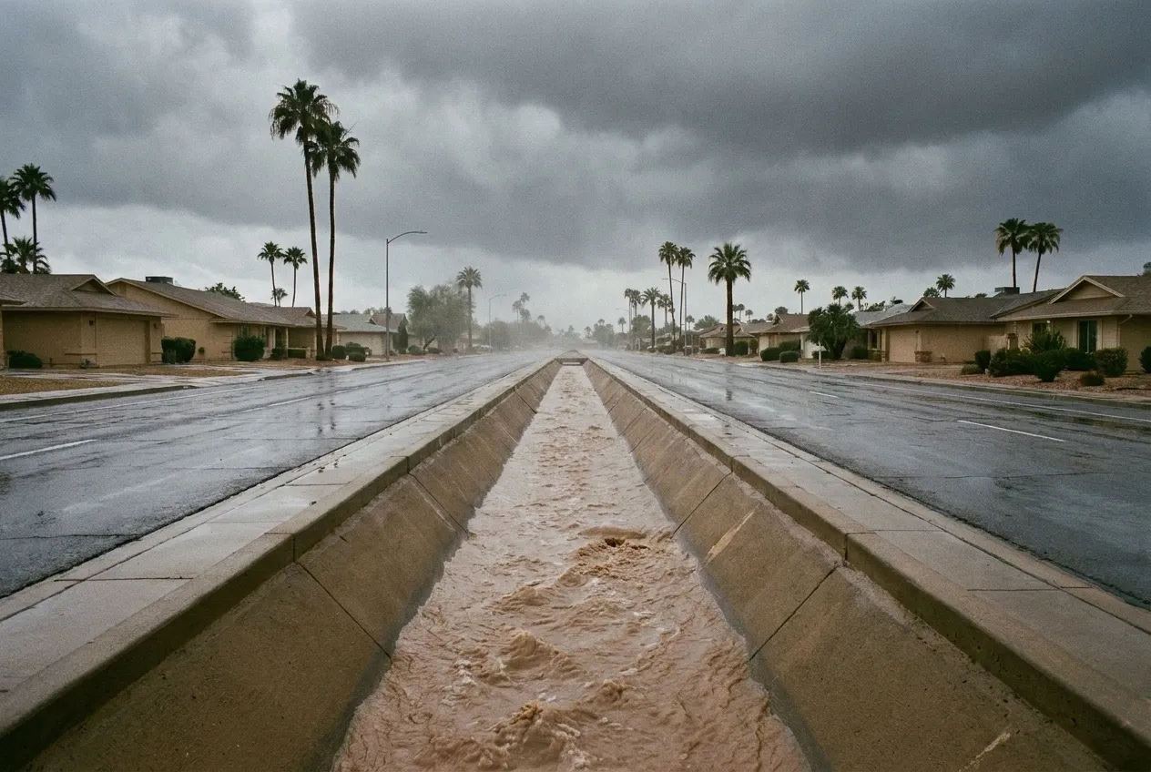 Brown monsoon runoff fills the concrete channel running down the middle of 99th Avenue in Sun City after a summer storm.