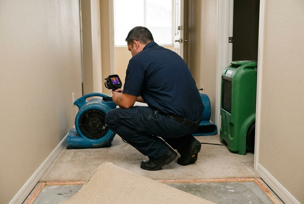 A technician scans the lower hallway wall of a Sun City West villa with a thermal camera while air movers dry the baseboards.