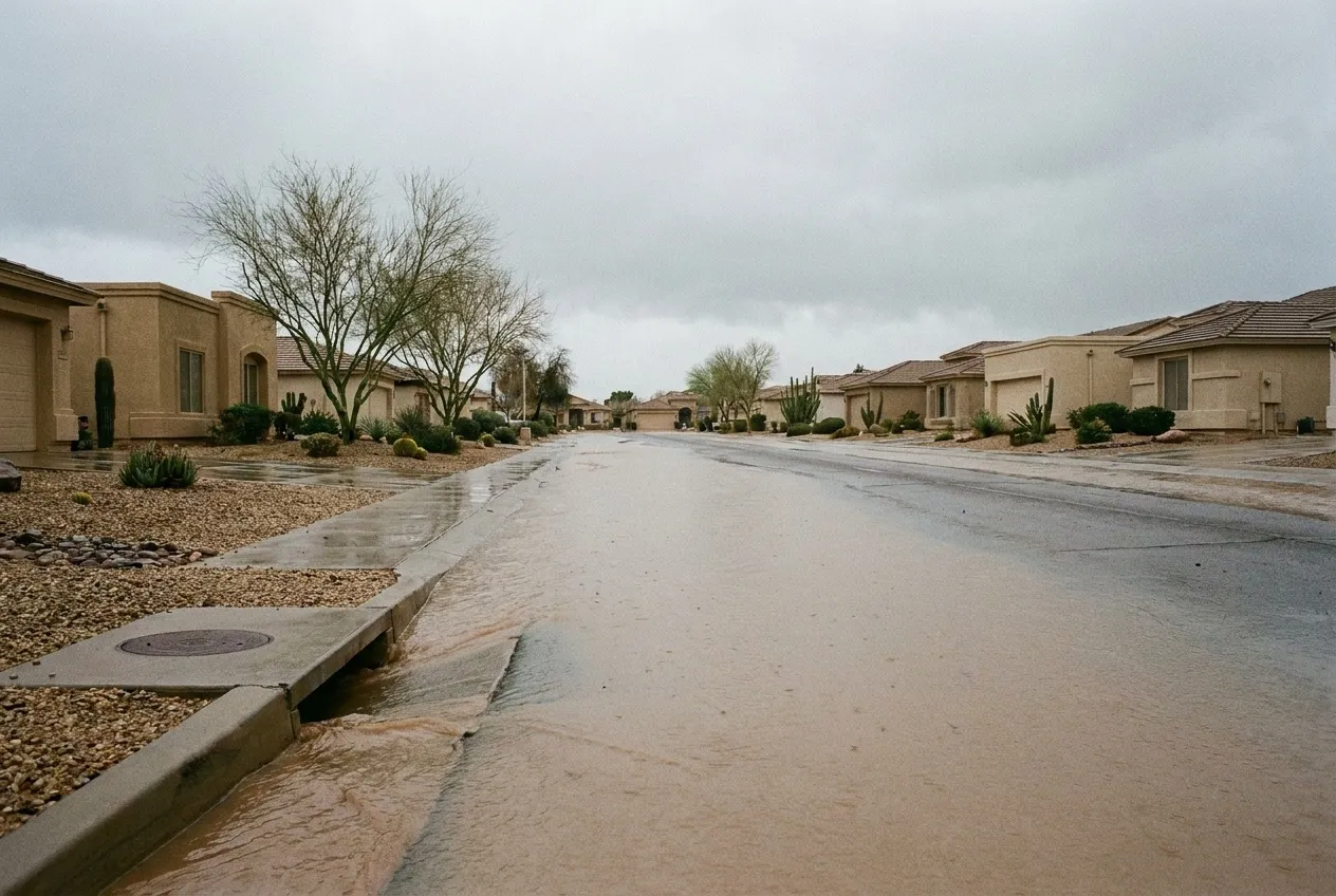 A thin sheet of brown storm runoff covers a wide Sun City West street from curb to curb after a heavy March rain.