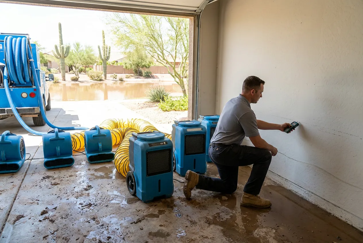 A technician documents a muddy water line at a Surprise garage while a neighborhood basin holds monsoon runoff.