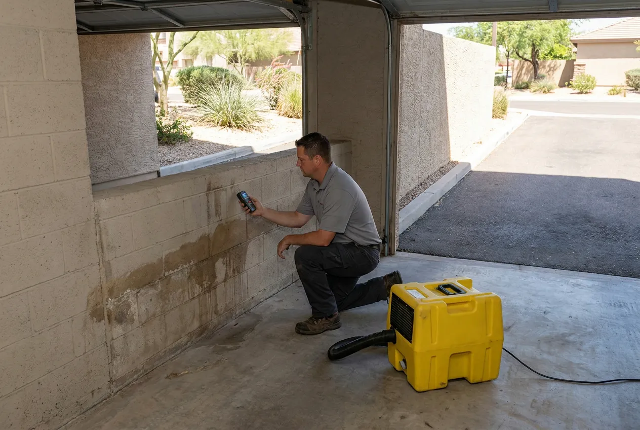 A technician documents a water line on a Tempe parking-garage wall after storm runoff entered the ramp.