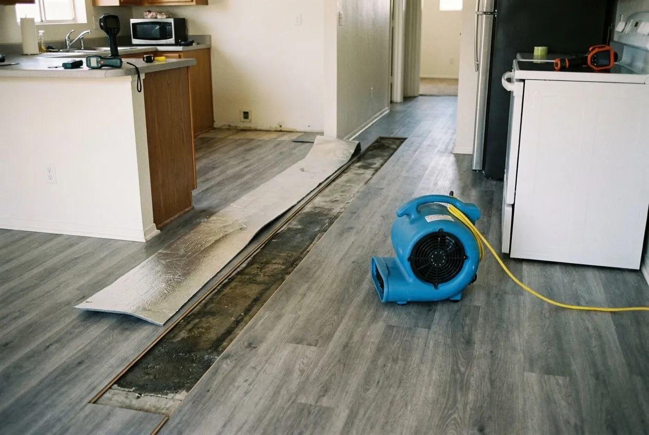 Vinyl plank flooring is lifted along a kitchen wall to expose a damp concrete slab and underlayment while an air mover dries it.