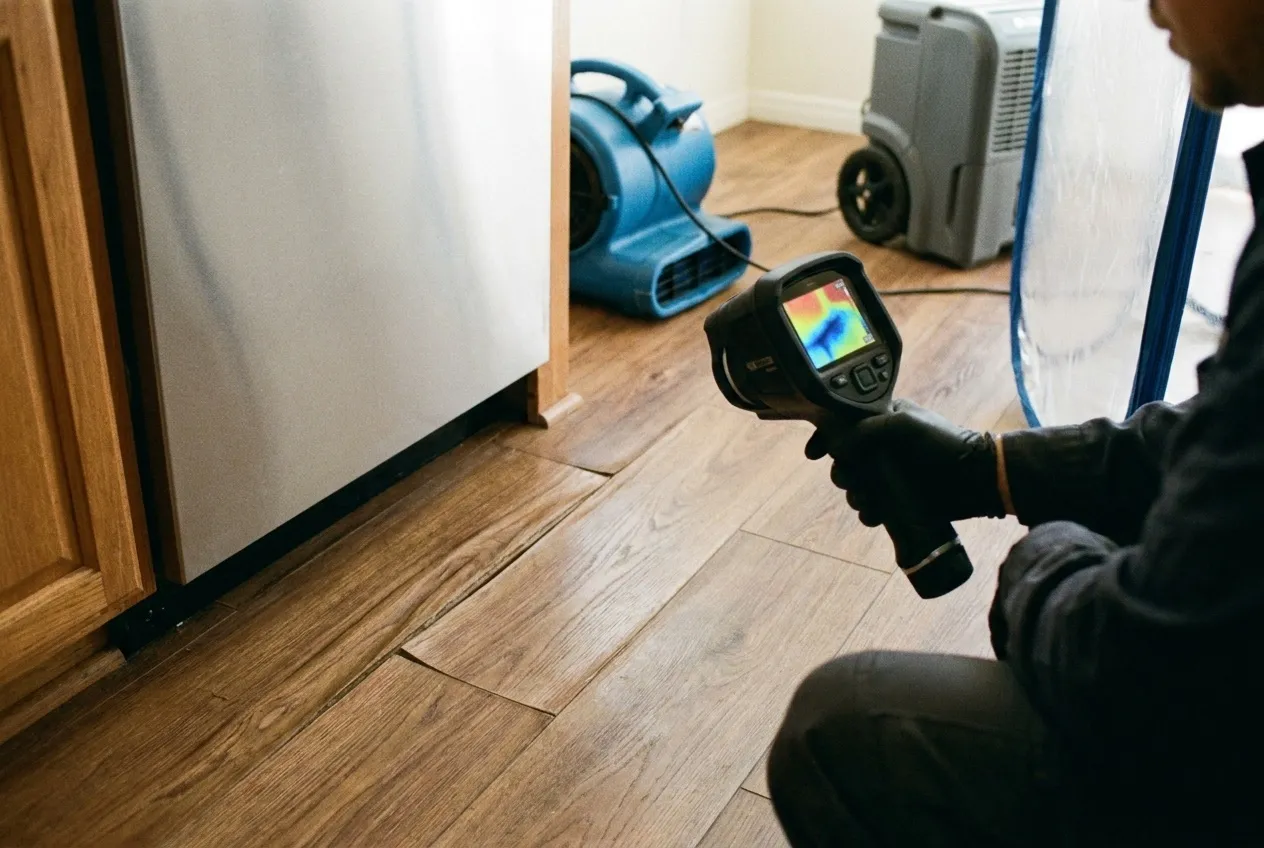 A thermal camera shows a cool patch along swollen laminate seams in front of a kitchen dishwasher.