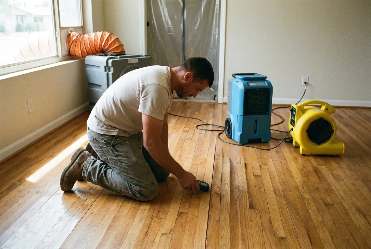 A technician checks moisture in cupped oak flooring with a pin meter in a Phoenix living room as drying equipment runs.