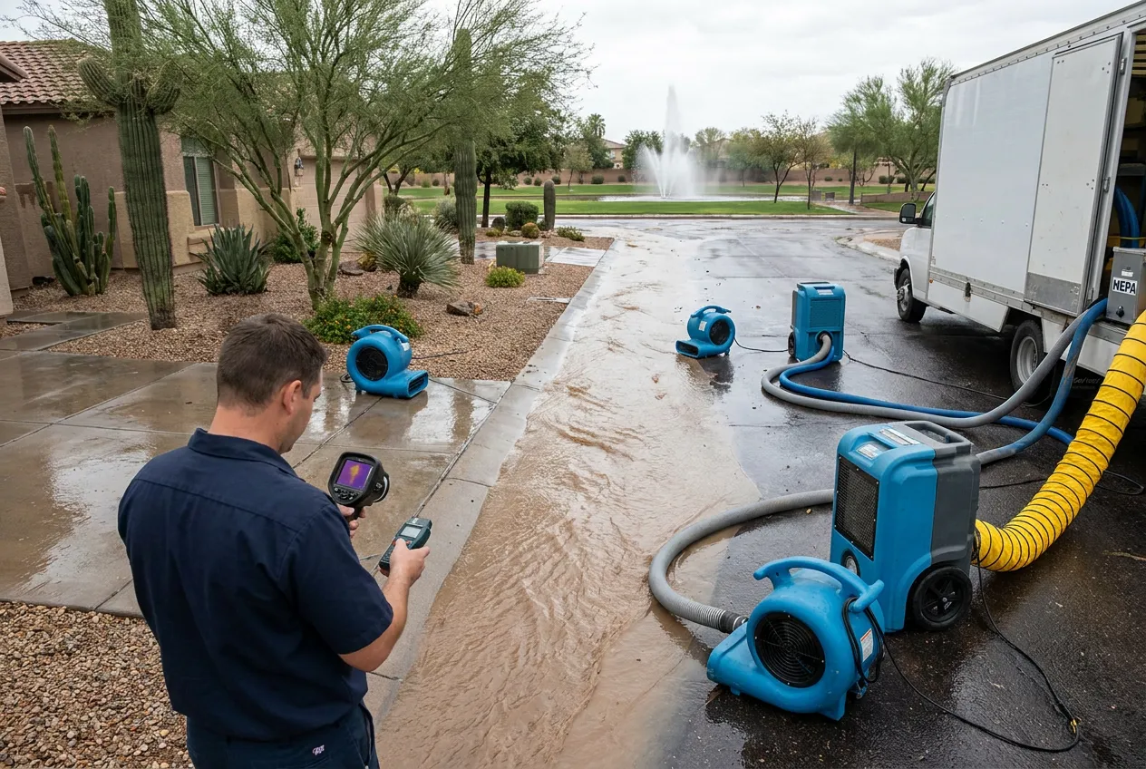 Monsoon runoff channels down a curbed hillside street in Fountain Hills with the town's fountain plume visible in the basin below.