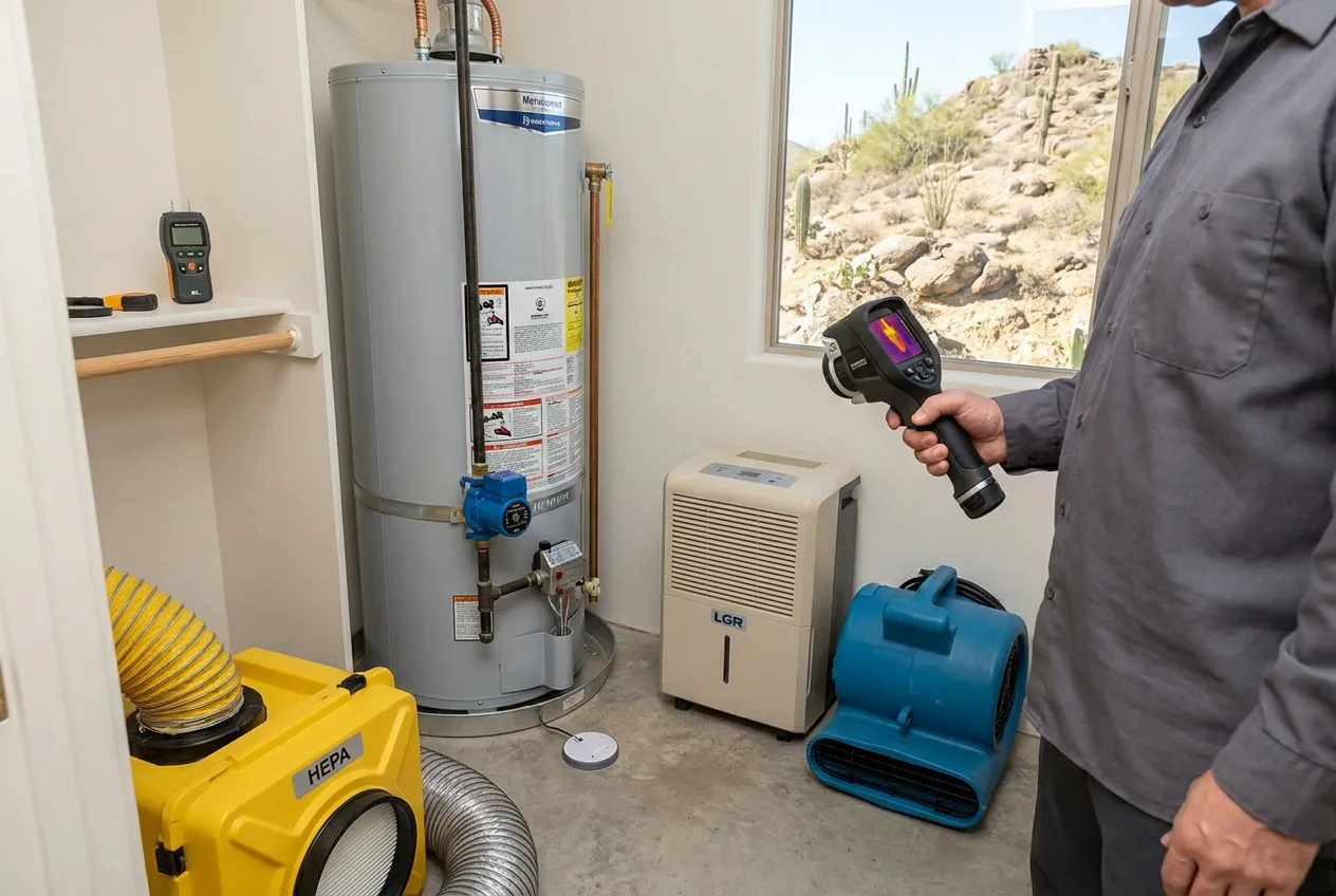 A leak sensor sits beside the water heater shutoff in a Fountain Hills mechanical closet with the hillside visible through the adjacent window.