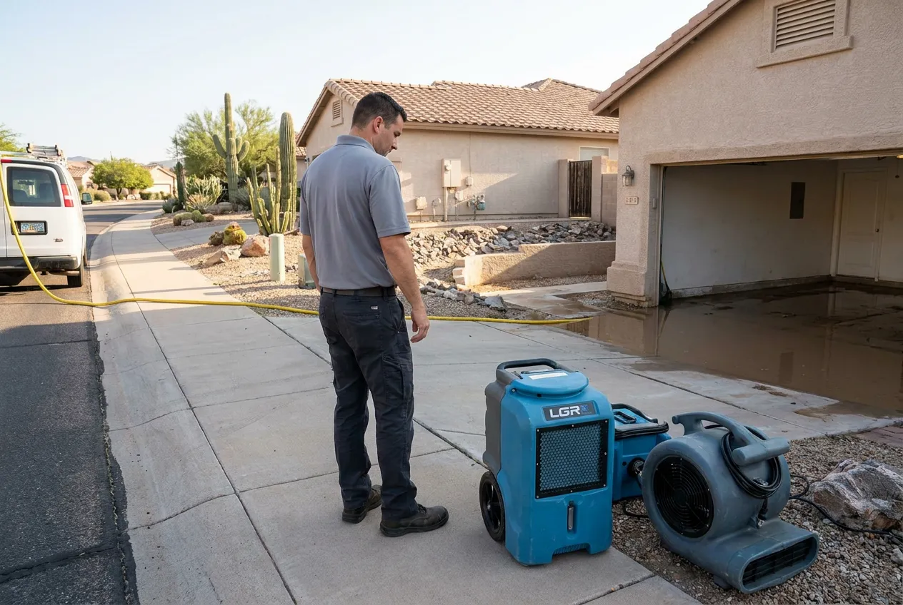 A technician observes stormwater moving downhill toward a flooded Fountain Hills garage from a dry sidewalk.