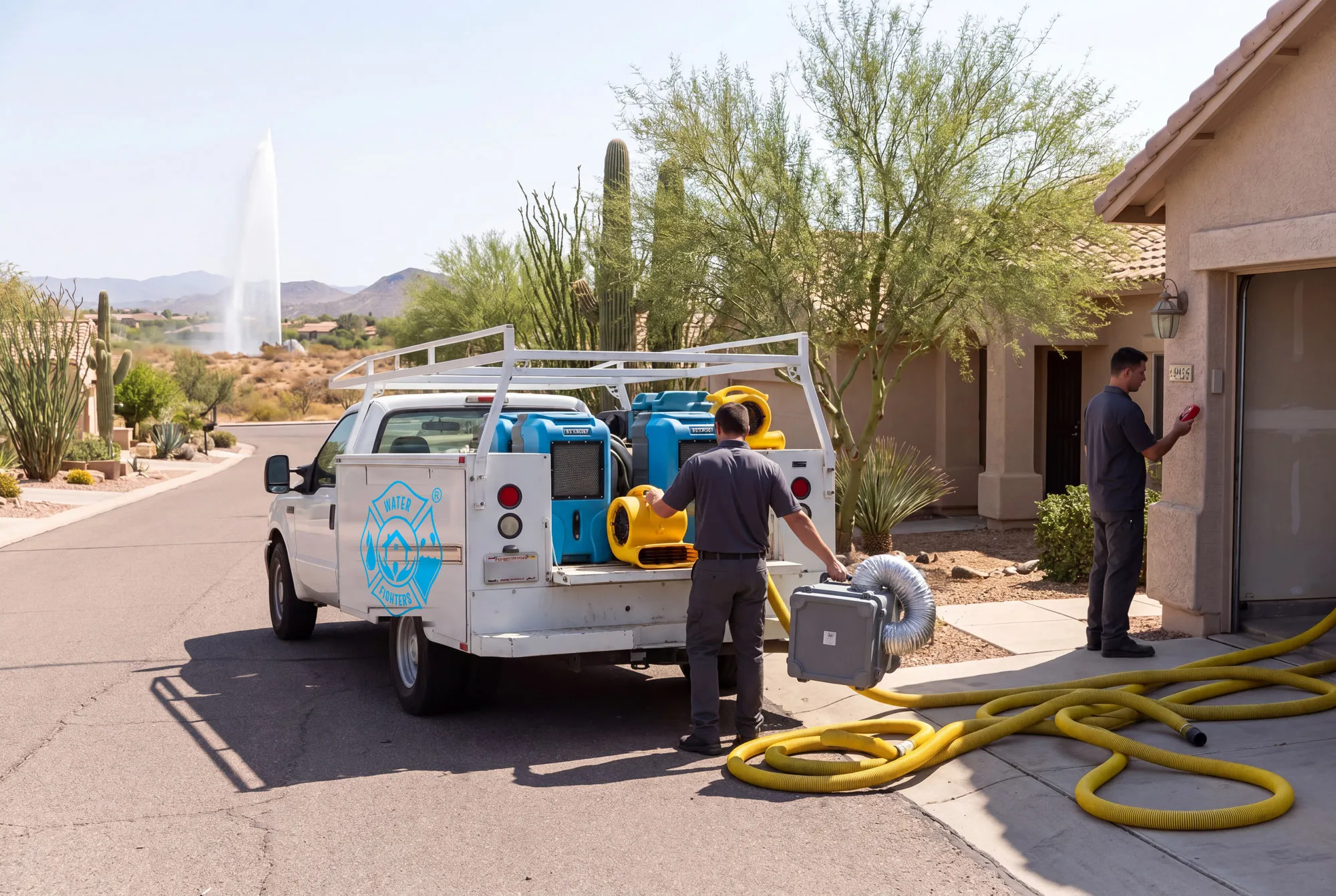 A Water Fighters truck parked on a sloping Fountain Hills street with the town's famous fountain plume rising in the distance.