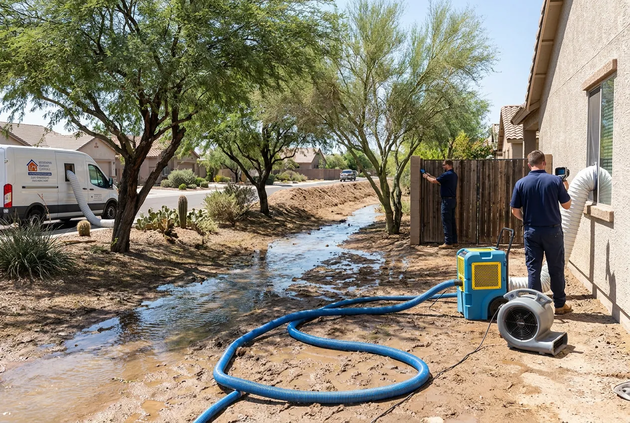 Water sheets across a flood-irrigated residential lot in older Gilbert, Arizona, held back from the home by a low berm between mature trees.