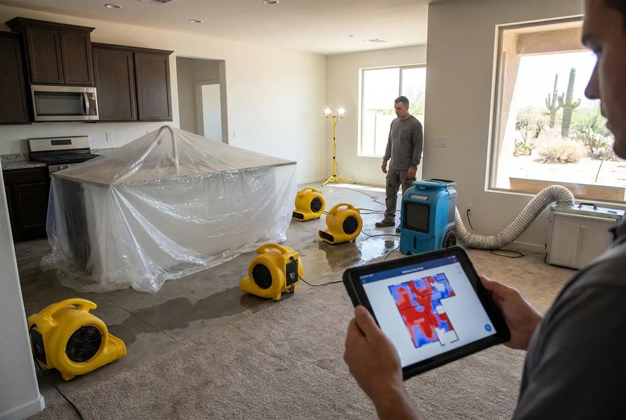 Air movers dry an open-concept great room in a Gilbert home while the kitchen island sits wrapped in protective plastic and a moisture map displays on a tablet.