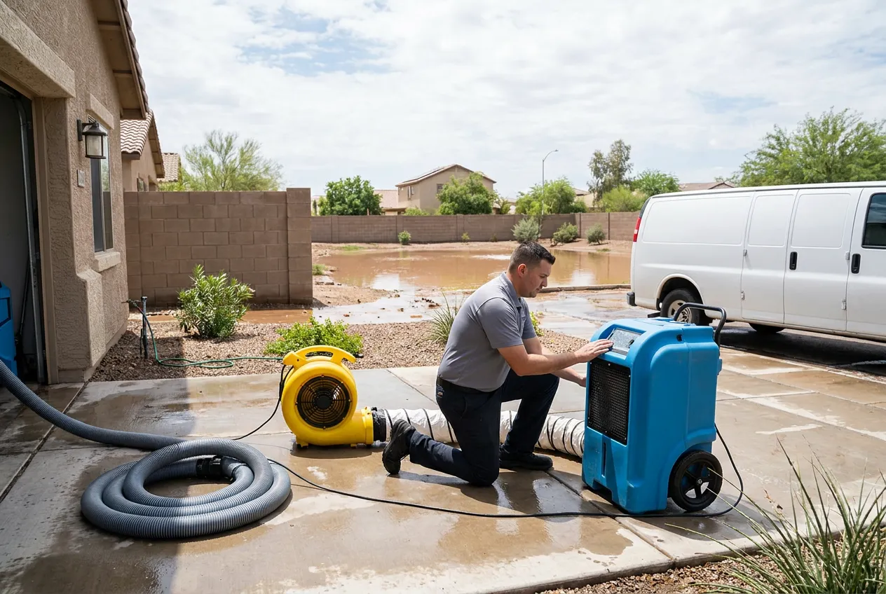 A technician stages extraction equipment beside a flooded Gilbert home while a nearby park basin holds monsoon runoff.