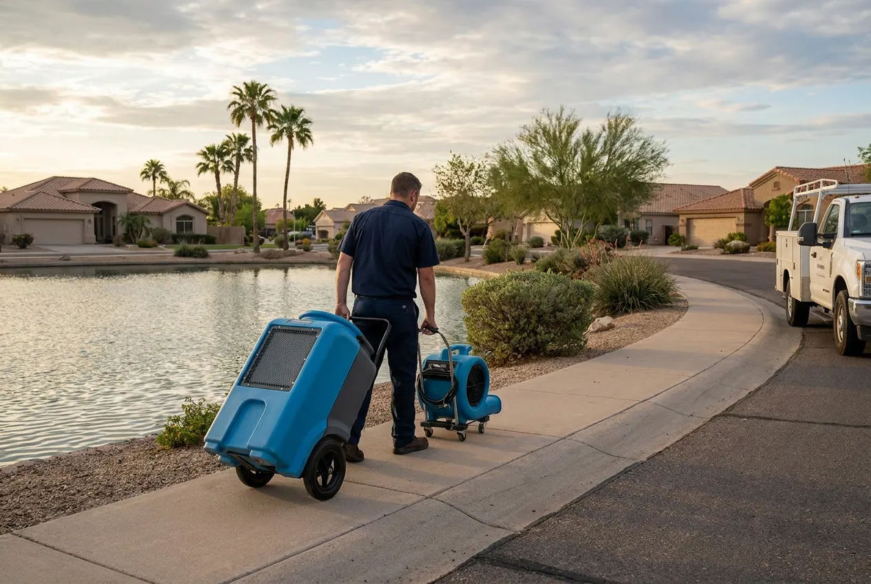 A Water Fighters technician wheels extraction equipment along a lakeside sidewalk in a Gilbert, Arizona lake community at sunrise.