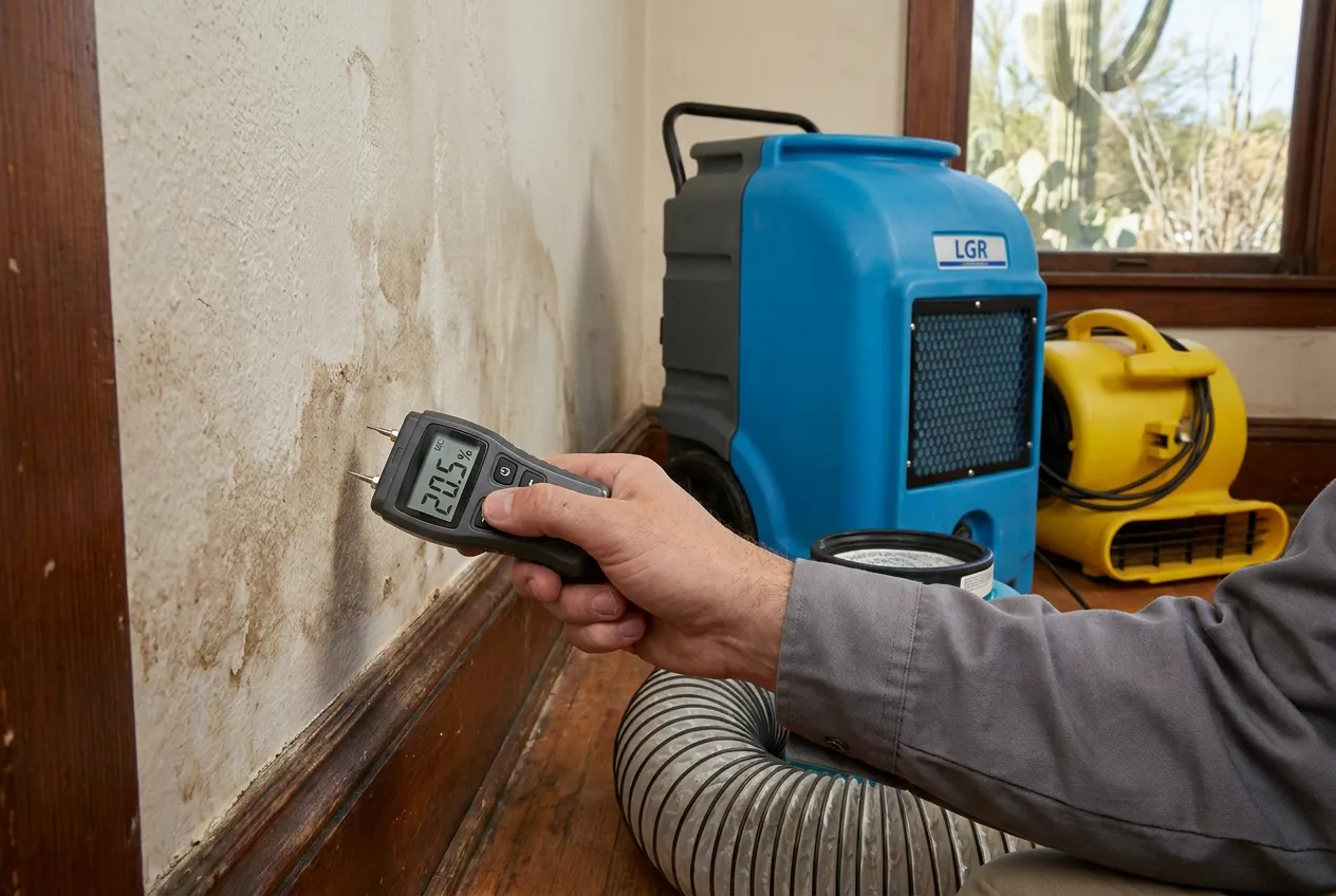 A moisture meter pressed against a plaster wall beside original wood trim in a historic Glendale home, showing an elevated reading.