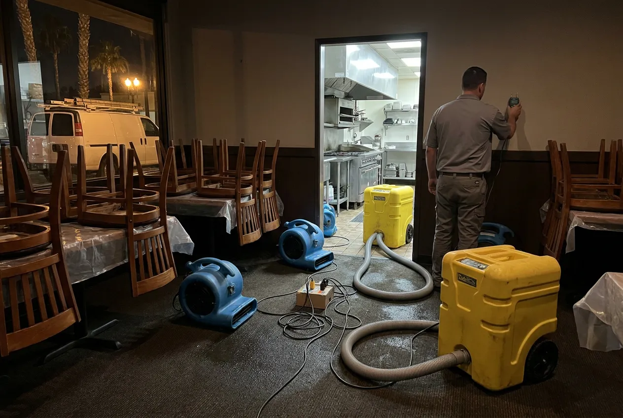 Air movers dry a Glendale restaurant dining room overnight, with chairs stacked on tables and the kitchen visible in the background.