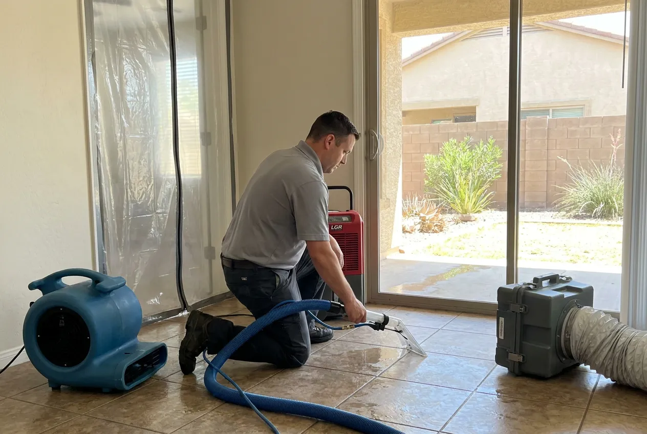 A technician pulls an extraction line through a Glendale living room after stormwater entered at a patio door.
