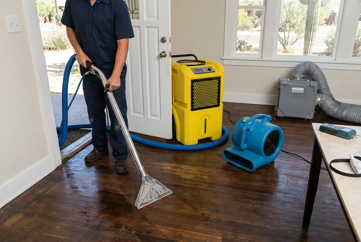 A Water Fighters technician runs an extraction wand across original wood flooring in a historic Glendale, Arizona bungalow.