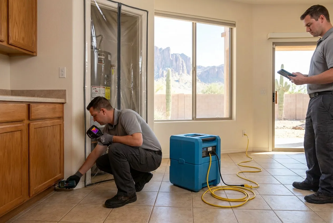 A technician documents moisture beneath cabinets near a water heater closet inside an unoccupied Gold Canyon home.