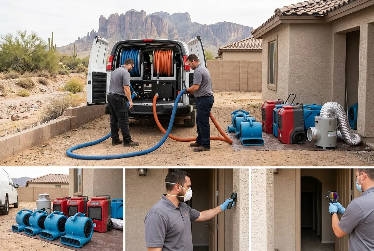 Extraction hoses and drying equipment are staged outside a Gold Canyon home with a dry desert wash beyond the property.