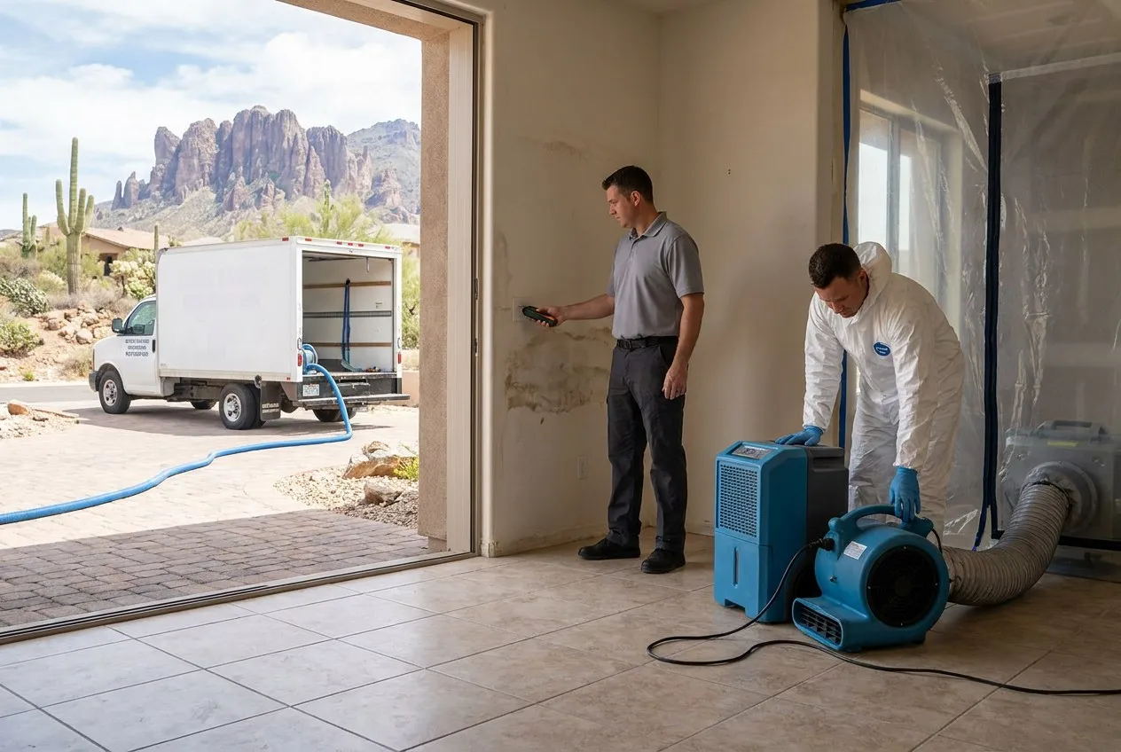 A restoration technician inspects a vacant-season water leak inside a single-level Gold Canyon home below the Superstition foothills.