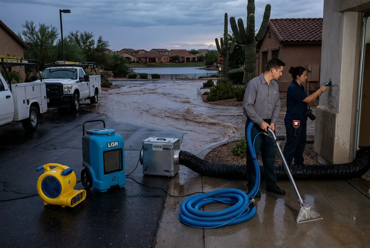 Monsoon runoff channels down a curbed foothill street in Goodyear's Estrella community at dusk, with the lakes and lower rooftops visible below.