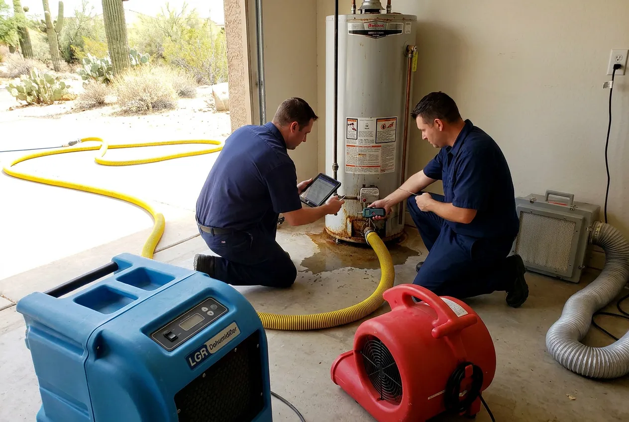 A Water Fighters technician documents a failed water heater in a Goodyear garage while an extraction hose runs out through the open bay door.
