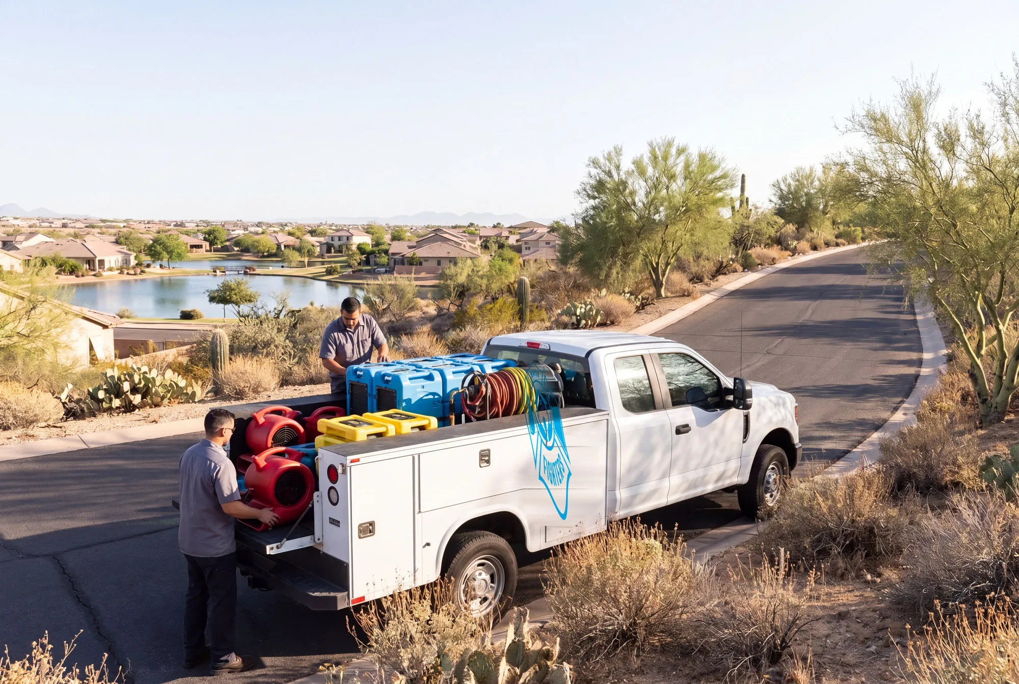 A Water Fighters truck climbs a curving street in Goodyear's Estrella foothills with the community lakes visible below.