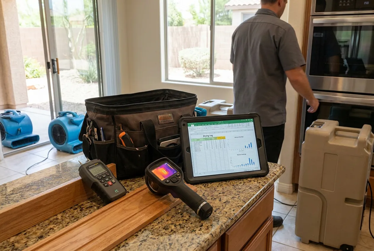 A Water Fighters technician's open field kit — moisture meter, thermal camera, and tablet showing a drying log — laid out on a Phoenix kitchen counter.