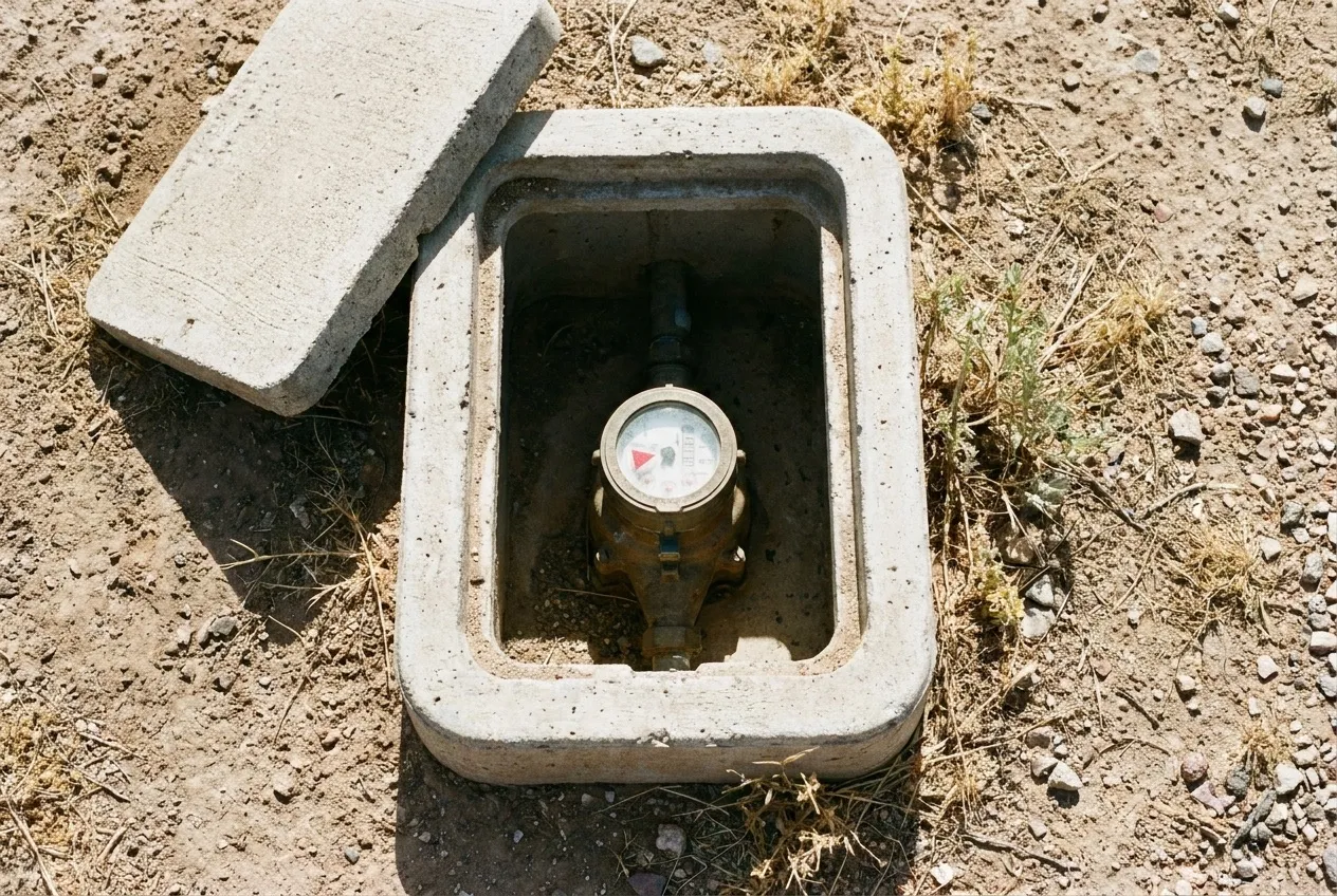 An open curb meter box shows a water meter face and its small red low-flow indicator outside a Phoenix home.