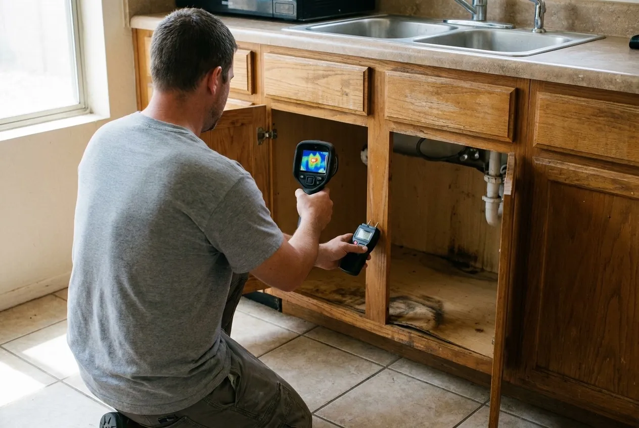 A technician checks a bowed sink cabinet with a thermal camera and a pin moisture meter in a Phoenix kitchen.