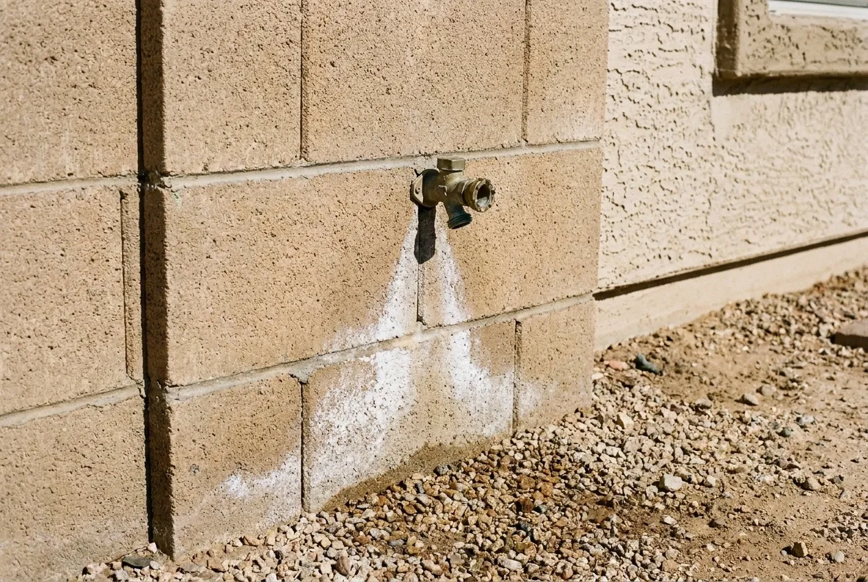 White powdery efflorescence spreads down a concrete-block wall below a hose bibb at a Phoenix home.