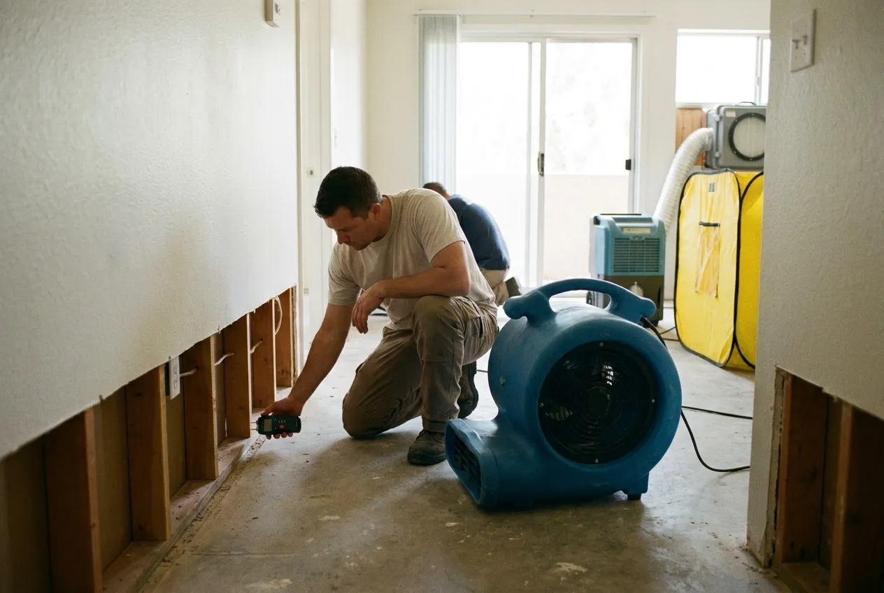 A technician checks the exposed bottom plate with a pin moisture meter after the lower drywall in a condo unit was removed.