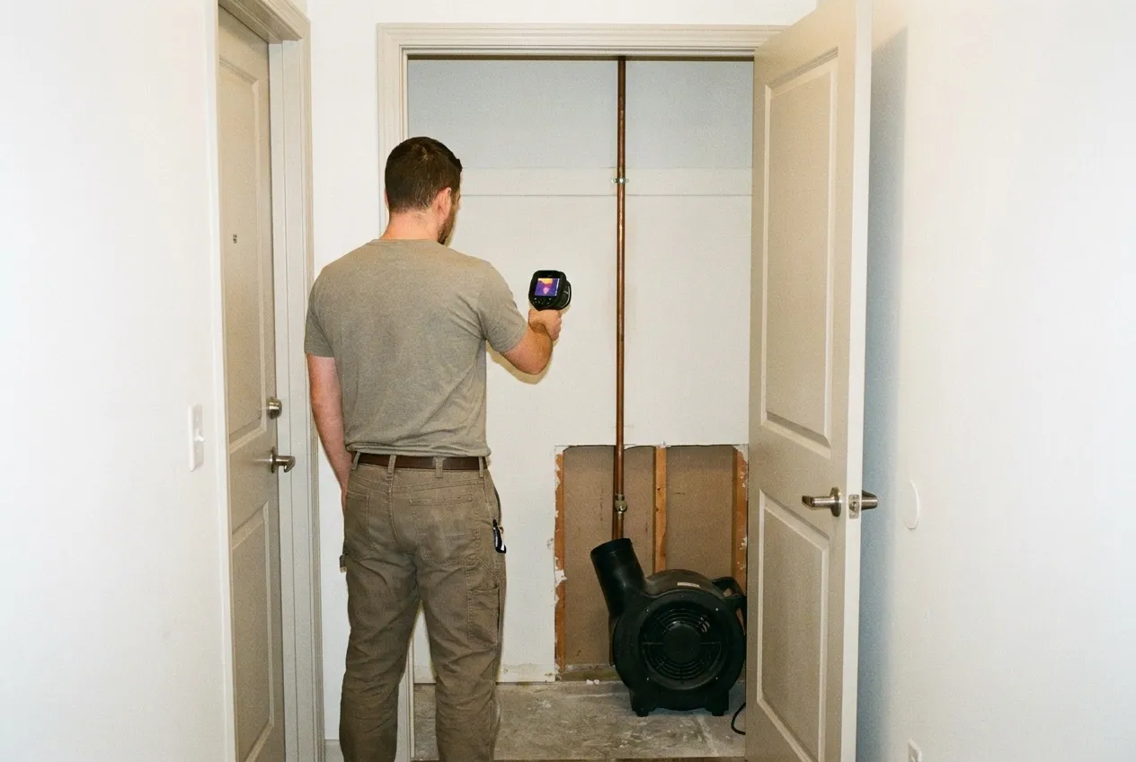 A technician scans an opened wall beside a shared water riser in a condominium utility closet while an air mover dries the cavity.