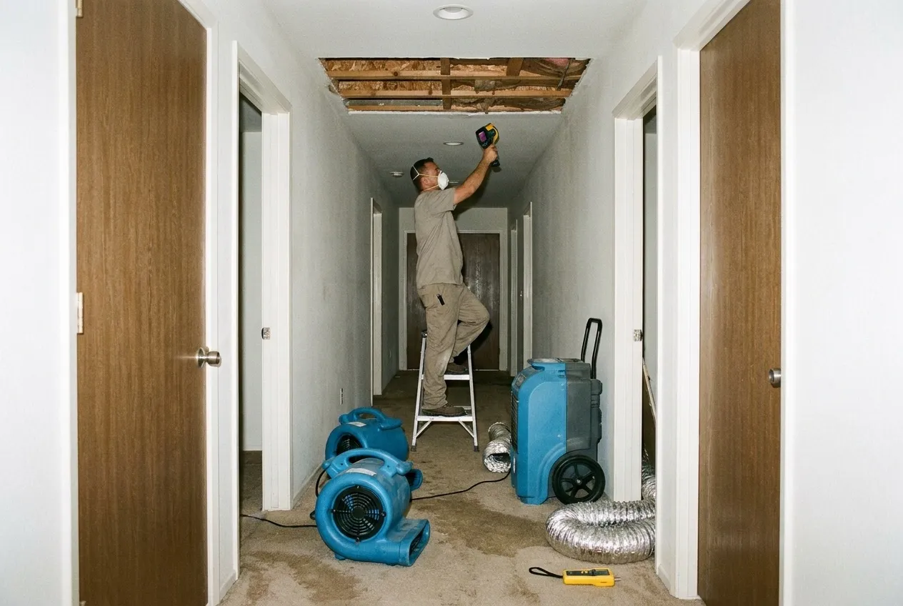 A technician scans an opened condominium hallway ceiling with a thermal camera while air movers and a dehumidifier run on the carpet below.